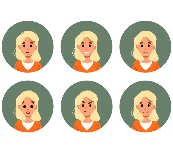 Icon set avatar woman different emotions sad happy angry crying smiling face cartoon flat illustration isolated on white web interface element