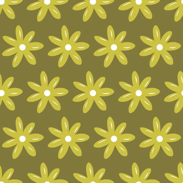 Simple Floral Seamless Camomile Flower Pattern Vector Illustration Olive Color — стоковый вектор