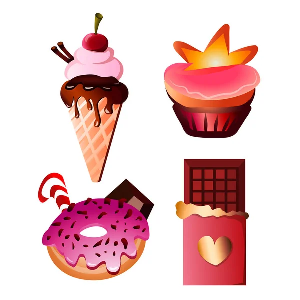 Sweets Collection Colorful Illustration Isolated Icon Set Ice Cream Glazed — Vetor de Stock