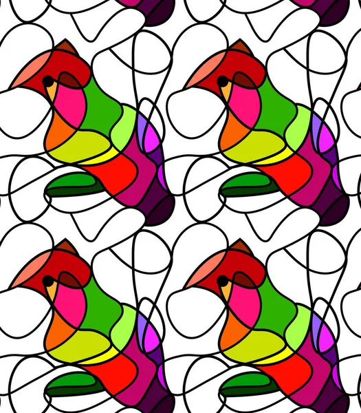 Vector Seamless Pattern Colorful Bird Glass Stained Painting Outline Style —  Vetores de Stock