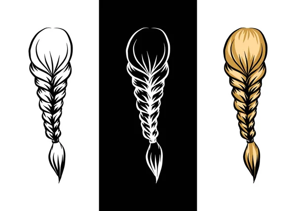 Beautiful Lady Hairstyle Braid Icon Set Isolated Doodle Drawing Outline — Stock Vector