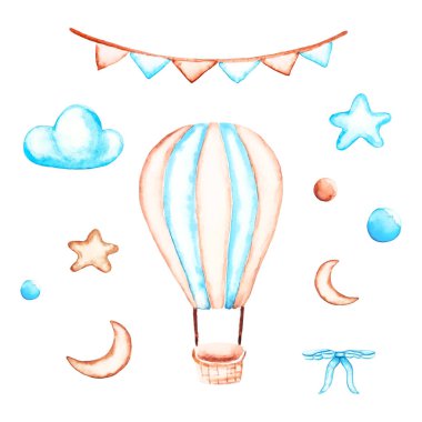 Suluboya bebek odası duvar çıkartması seti, mavi desenli resim, tasarım elementleri yıldız, hava balonu, ay, yay, bulut, bayraklar tırabzan..
