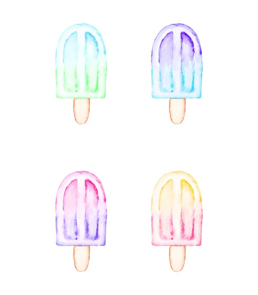 Akvarel Zmrzlina Set Izolované Barevné Potraviny Ikona Zmrzlina Tyčinku Texturované — Stockový vektor