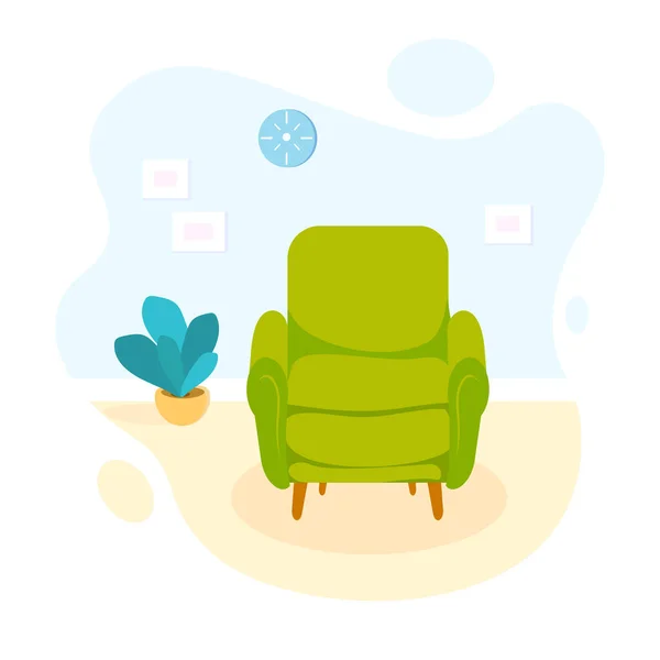 Sillón Verde Acogedor Interior Del Hogar Sala Estar Dibujos Animados — Vector de stock