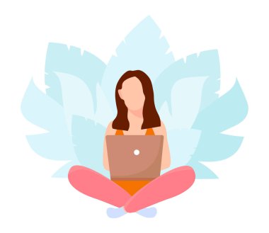 Dizüstü bilgisayarı olan genç bir kadın. Serbest çalışmak, online çalışmak, ev kavramından çalışmak. Düz biçimli vektör illüstrasyonu.