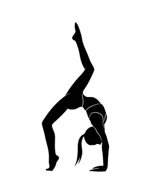 Fiziksel aktivite yapan bir kadının vektör çizimi. Sağlıklı bir kız beyaz arka planda izole edilmiş gölgeye uyuyor. Fitness, yoga ve meditasyon logosu. Evde ve stüdyo baskısında sağlıklı bir yaşam tarzı.