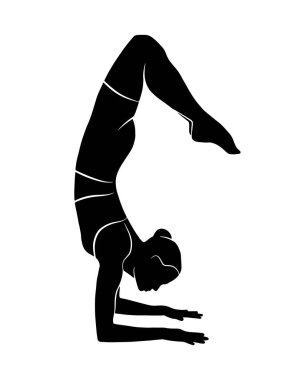 Fiziksel aktivite yapan bir kadının vektör çizimi. Sağlıklı bir kız beyaz arka planda izole edilmiş gölgeye uyuyor. Fitness, yoga ve meditasyon logosu. Evde ve stüdyo baskısında sağlıklı bir yaşam tarzı.