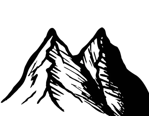 Basit grafik dağ logosu tasarımı ögesi, karalama izole edilmiş seyahat doğa eskizi şablonu, grunge hill yürüyüş konsepti vektör çizimi, kaya siyah gölgesi resim baskısı.