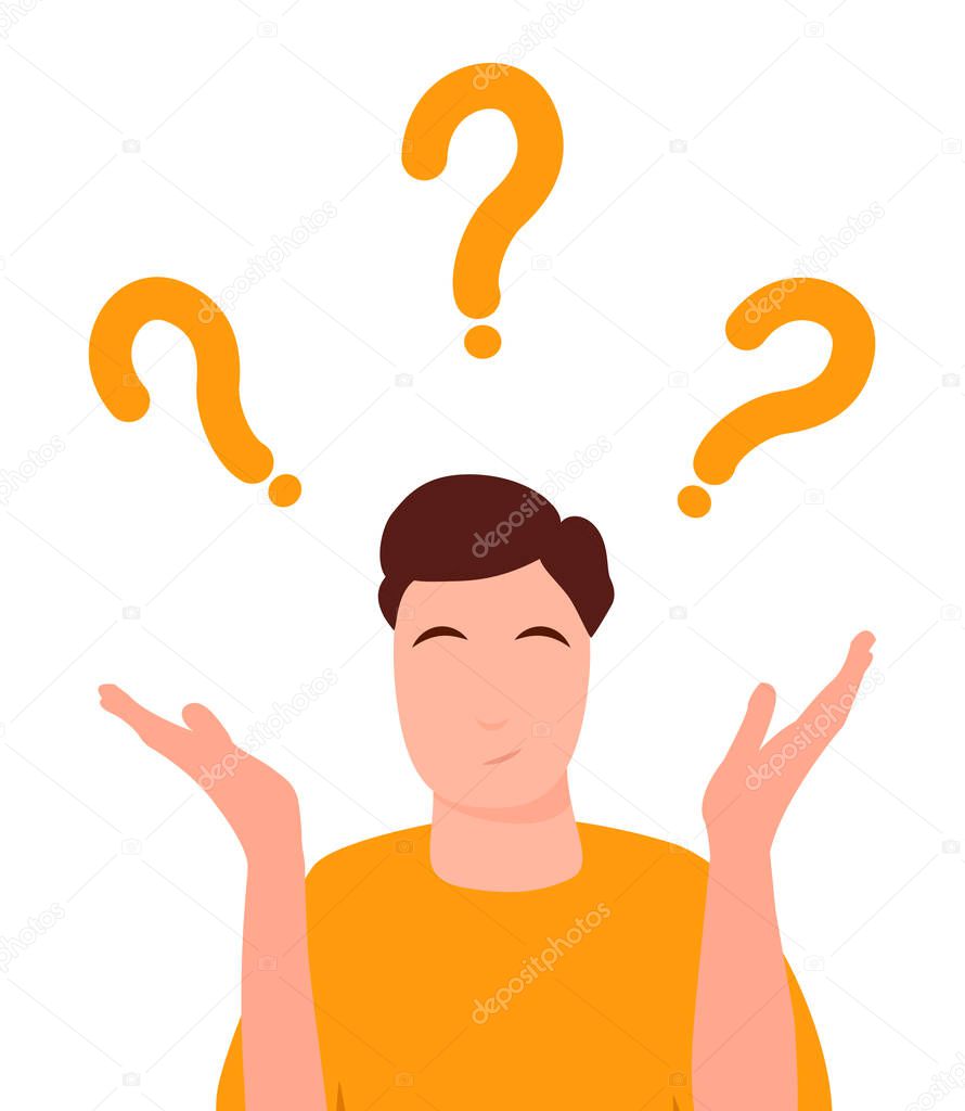 Simple flat vector illustration of question dilemma problem concept, isolated on white cartoon man character, solution business asking analysis mark.