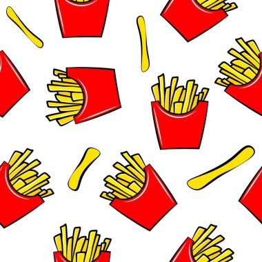 Patates kızartması fast food vektör şablonu. Sağlıksız abur cubur duvar kağıdı. Çizgi film renkli düz çizimler beyaz arkaplanda izole edildi.