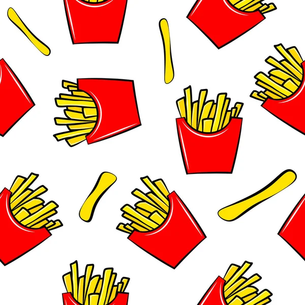 Patates kızartması fast food vektör şablonu. Sağlıksız abur cubur duvar kağıdı. Çizgi film renkli düz çizimler beyaz arkaplanda izole edildi.