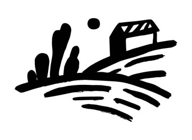 Tarlaları ve güneşi olan bir köy. Küçük çiftliği ve ağaçları olan kırsal bir arazi. El çizimi stili. Doodle logosu grafik tasarımı çiziyor.