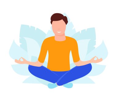 Fiziksel aktivite yapan bir adamın vektör çizimi. Fitness, yoga stüdyosu çizimleri beyaz arka planda izole edilmiş. Sağlıklı yaşam tarzı, ev konseptinde meditasyon.