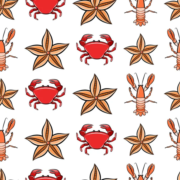 Cartoon Seamless Pattern Isolated White Background Crab Langouste Seashell Crustacean — Stock Vector