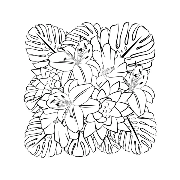 Grafico Bouquet Floreale Abbozzo Disegno Isolato Illustrazione Vettoriale Bianco Fiori — Vettoriale Stock