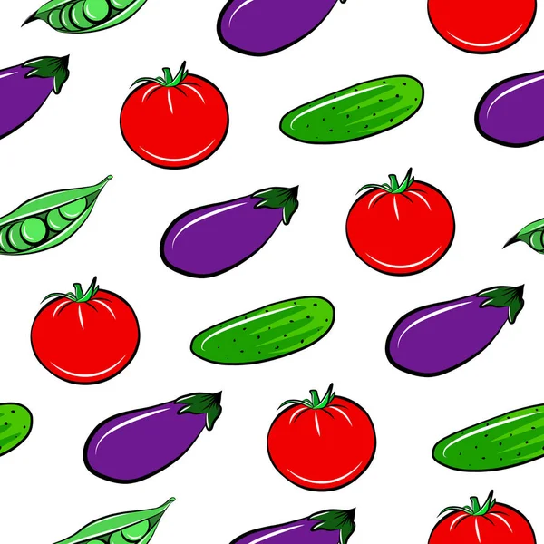 トマト キュウリ 緑のエンドウ豆と新鮮な野菜のシームレスなパターン フラット絶縁ベクトルファブリックプリントテンプレート 健康的な食事の背景 農場食品包装紙 — ストックベクタ