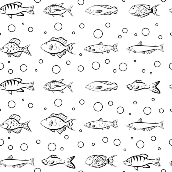 Sea Fish Outline Sketch Drawing Seamless Pattern Vector Isolated Print — Stock Vector