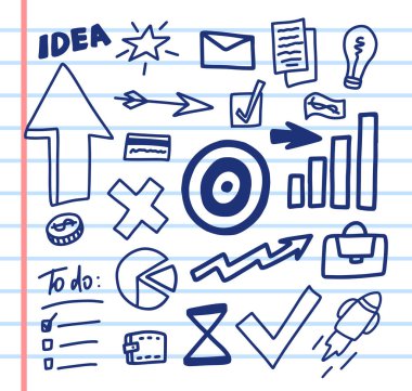 Karalama işi bilgi simgesi beyaz arkaplanda izole edildi. Yönetim konsepti. Basit bir el çizimi, vektör çizimi. Not defteri sayfası, kağıda kalem karalaması.