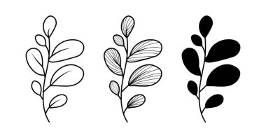 Basit otlar, beyaz arka planda izole edilmiş çiçek ikonu. Vektör el çizimi, logo tasarım elemanı. Çizgi sanat koleksiyonu. Yaprakları olan zarif botanik okaliptüs dalı. 