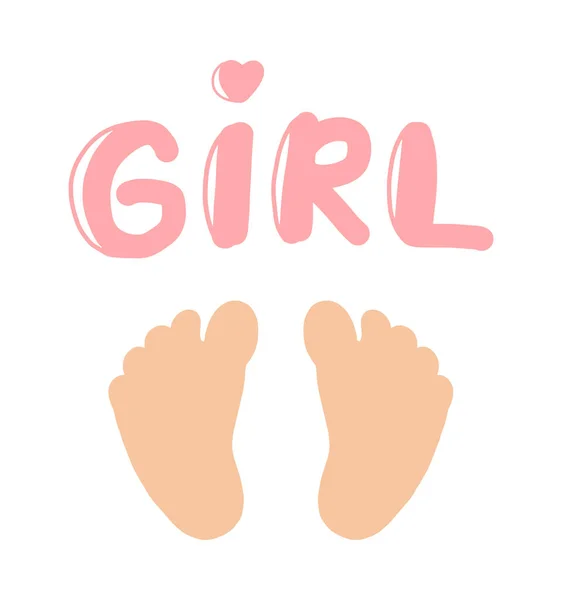 女の子ベビーシャワー招待状テンプレート フラットベクトルお祝いポスター 白い背景に隔離された赤ん坊の足跡 美しいレタリングフレーズ — ストックベクタ