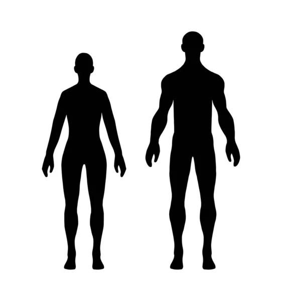 Beyaz arka planda izole edilmiş tam boy insan vücudu gölgesi. Kadın ve erkek düz siluet ikonu seti. Basit düz vektör çizimi.