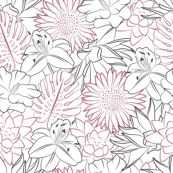 Περίγραμμα Floral Μοτίβο Χωρίς Ραφή Γραμμή Τέχνη Ύφασμα Πρότυπο Εκτύπωσης — Διανυσματικό Αρχείο