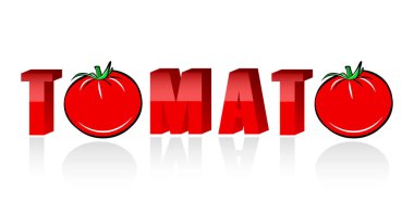 Tomato 3d letter word isolated on white background. Package print template. Red lettering text with vegetable doodle drawing. Farm food logo design.