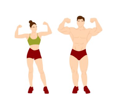 Young woman and man bodybuilder character set isolated on white background. Bodybuilding concept vector illustration in flat style. Cartoon full high body with muscles. Healthy sportive lifestyle