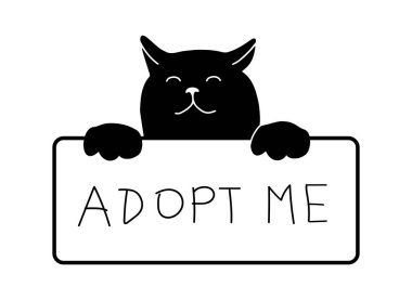 Cute cat face with banner, adopt me phrase, conceptual illustration isolated on white background. Doodle vector drawing. Rescue abandoned pet in shelter.