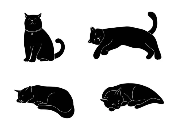Cute Cat Icon Set Silhouette Isolated White Background Simple Black — Wektor stockowy