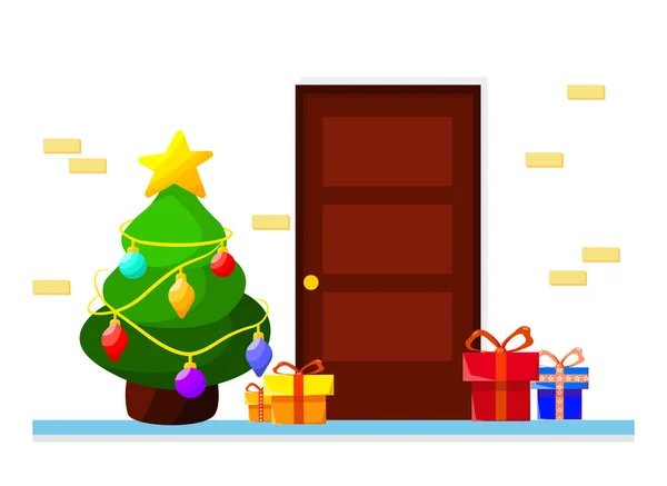 Vector Cartoon Entry Door Concept Illustration Christmas Tree Gift Boxes — Stockový vektor