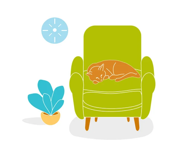 Green Armchair Cozy Home Interior Sleeping Cat Cozy Living Room — Vector de stock