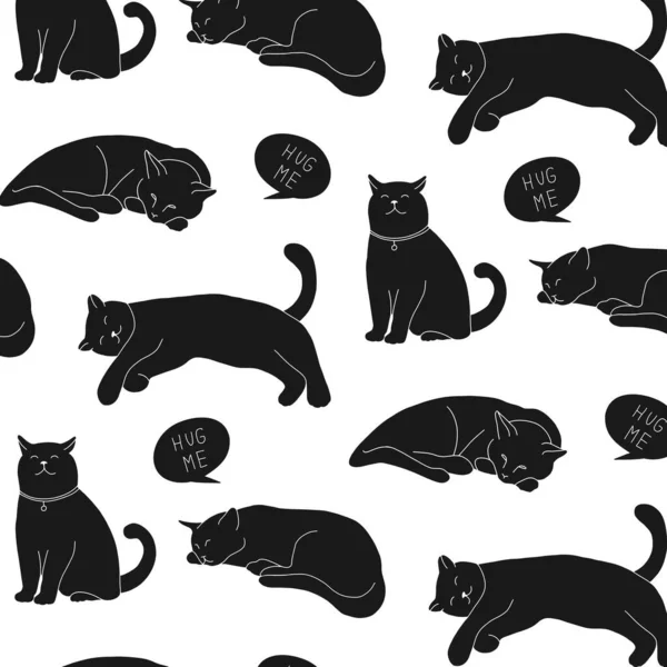 Vector Seamless Pattern Cute Doodle Cats Simple Black Animal Silhouette — Wektor stockowy