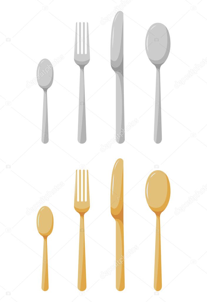 Spoon, knife and fork dishware isolated on white background icon set. Cartoon silver and gold kitchen eating tools silhouette. Flat style vector illustration.