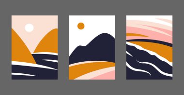 Soyut arkaplan şablon koleksiyonu. Basit vektör çizimi. Web afişi ya da duvar posterleri. Düz soyutlanmış deniz ve dağ manzaraları.