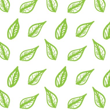 Beyaz arka planda yeşil yapraklı, pürüzsüz bir el çizimi. Basit grunge desenli çizim. Botanik doğal duvar kağıdı tasarımı. Kumaş deseni. Yaz sezonu geçmişi.