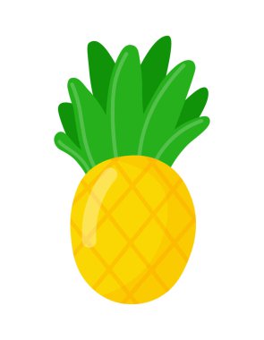 Beyaz arka planda izole edilmiş renkli ananas karikatür meyve ikonu. Basit vektör yaz sulu gıdalar. Meyve suyu paketi veya logo tasarımı ögesi.