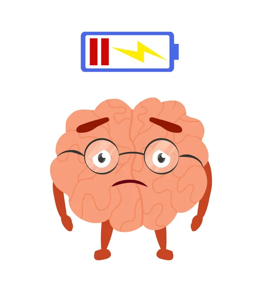 Cute Brain Character Low Life Battery Tiredness Concept Cartoon Vector — Archivo Imágenes Vectoriales
