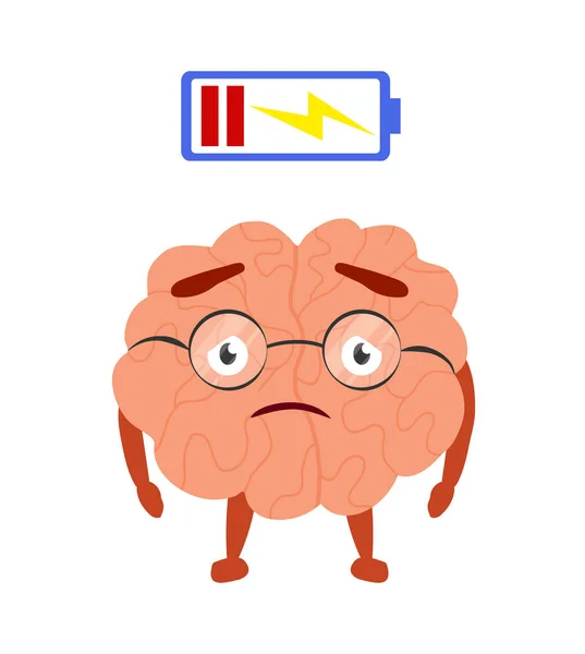 Симпатичний Персонаж Мозку Акумулятором Низького Терміну Служби Концепція Втоми Мультфільм — стоковий вектор