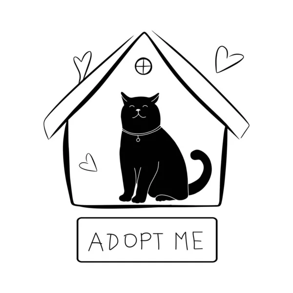 Afişi olan sevimli bir kedi, beyaz arka planda izole edilmiş kavramsal bir tasvir. Doodle vektör çizimi. Sığınakta terk edilmiş bir hayvan var. Basit ev silueti.