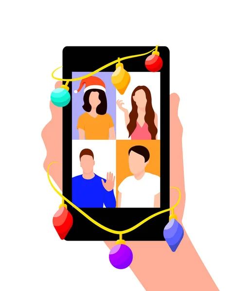 People Meeting Online Video Conference Smartphone Christmas Holiday Vector Conceptual — Wektor stockowy