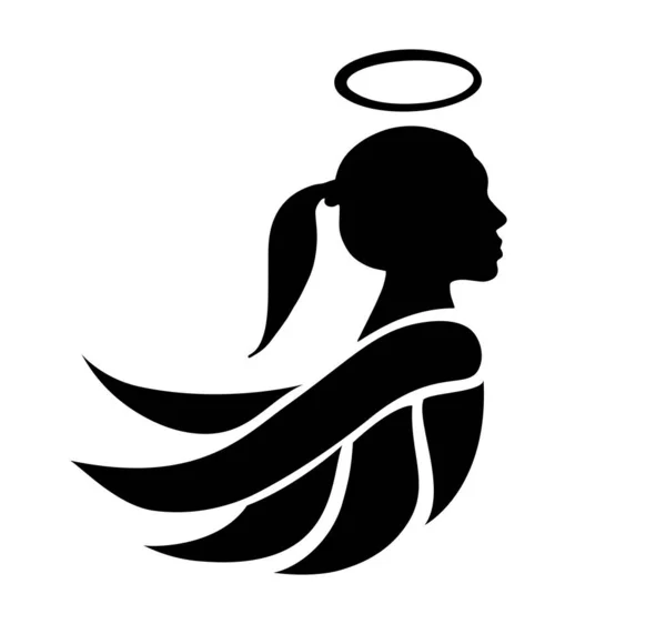 Woman Angel Wings Halo Isolated Black Silhouette Flat Simple Vector — 图库矢量图片