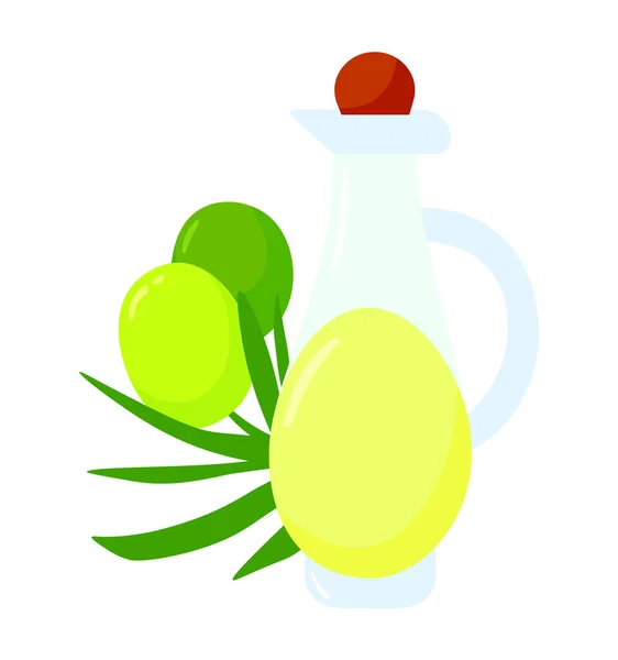 Green Olives Olive Oil Bottle Cartoon Illustration Isolated White Background — Stockvektor