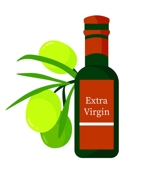 Green Olive Branch Fruits Olive Oil Bottle Cartoon Illustration Isolated — Vector de stock