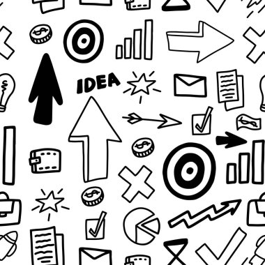 Doodle business infographic symbol set isolated on white background. Seamless pattern.Management concept. Simple graphic hand drawn sketch, vector illustration.