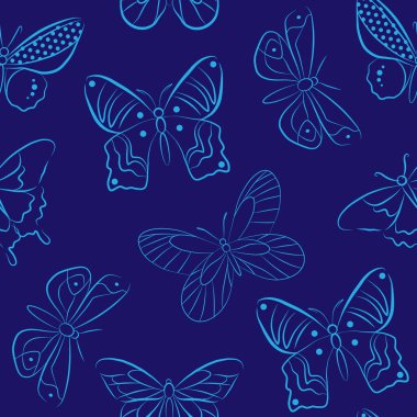 Butterfly insect isolated vector illustration. Blue seamless pattern template. Simple graphic outline hand drawing. Doodle fly animal icon set.