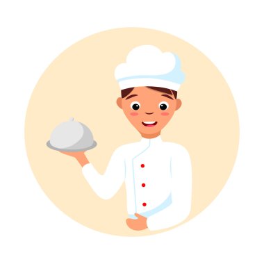 Vector smiling man cook shef. Cartoon conceptual illustration isolated on white background with cute boy character. Restaurant or cafe cooking logo design.