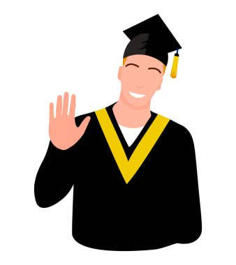 Graduate boy character, vector student in black robe and cap, university education concept, graduation ceremony wear, cheerful happy person isolated on white background. 