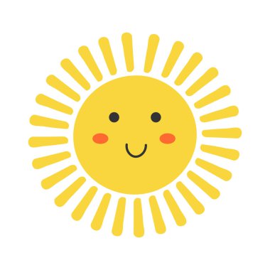 Cute cartoon sun character with kawaii face. Simple doodle yellow mascot isolated on white background. Flat hand drawn icon.