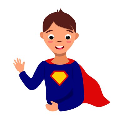 Super man character vector illustration isolated on white background. Super hero boy person, colorful cartoon party costume. 